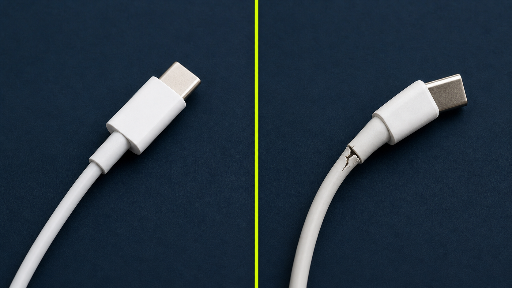 Hel USB-C-kabel sammenlignet med skadet ladekabel