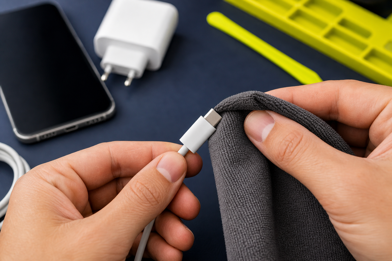 Rengjøring av frakoblet USB-C-kabel med tørr mikrofiberklut