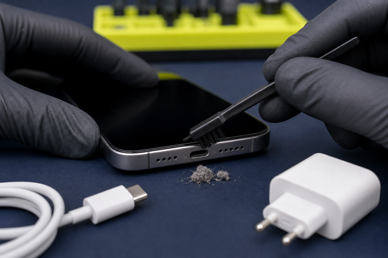 Trygg rengjøring av en mobiltelefons USB-C-ladeport